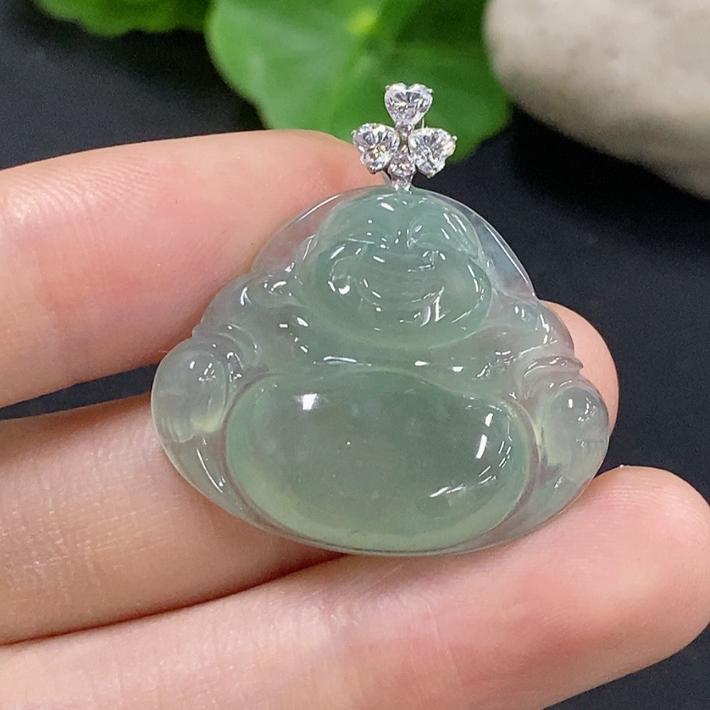 Jadeite Buddha pendant in 18K gold necklace, featuring a detailed Buddha figure with a smooth jadeite stone.