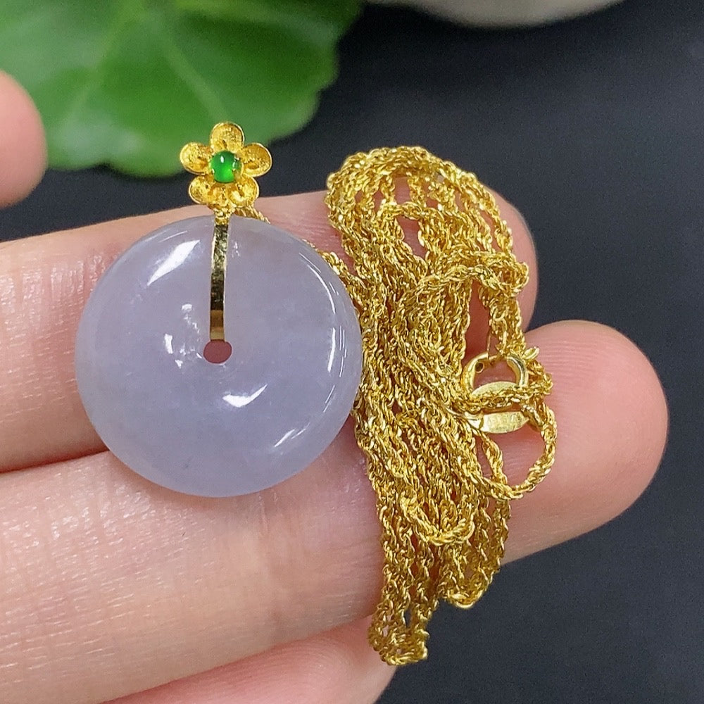 Jadeite safety buckle pendant with 18K gold chain, featuring a polished green jade piece and gold clasp, HKHQ jewelry.