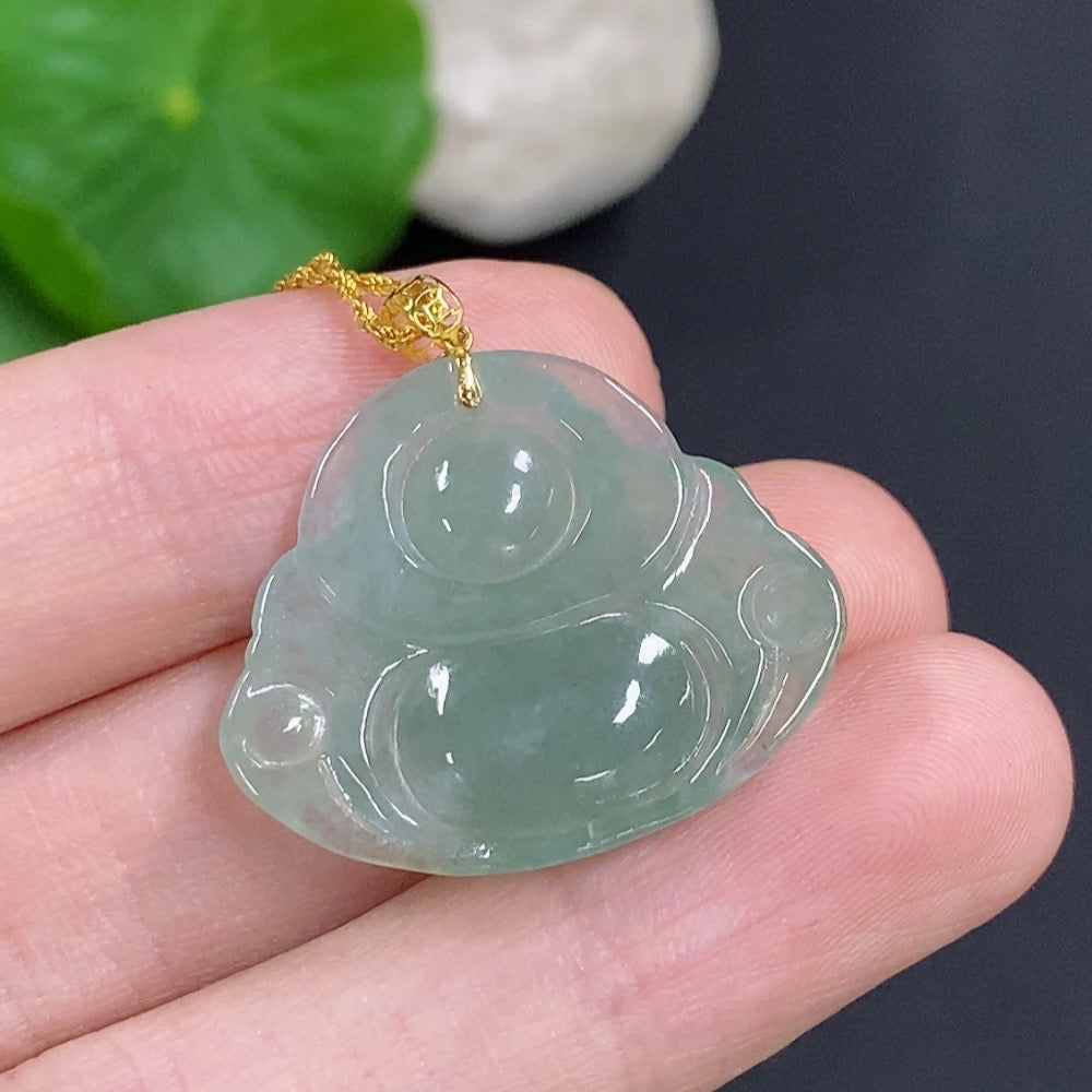 Jadeite Buddha Pendant with 18k Gold, Total Weight Approx. 5.2g (Including Chain)