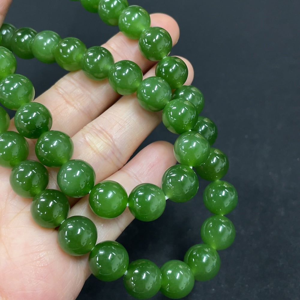 Green Hetian Jade Bead Necklace, Non-Gold