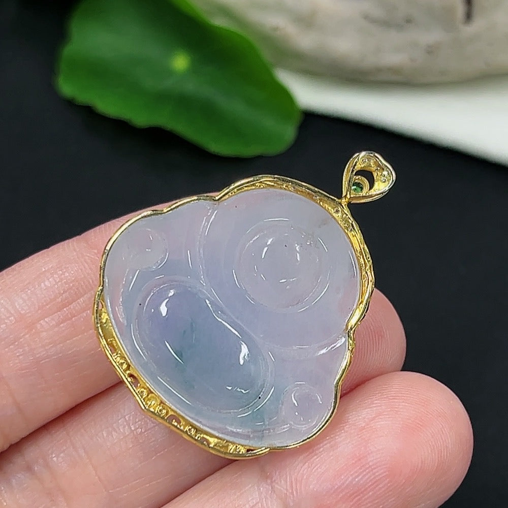 Jadeite Buddha inlaid pendant necklace with 18K gold tested, HKHQ brand, showing detailed jadeite Buddha design on a chain