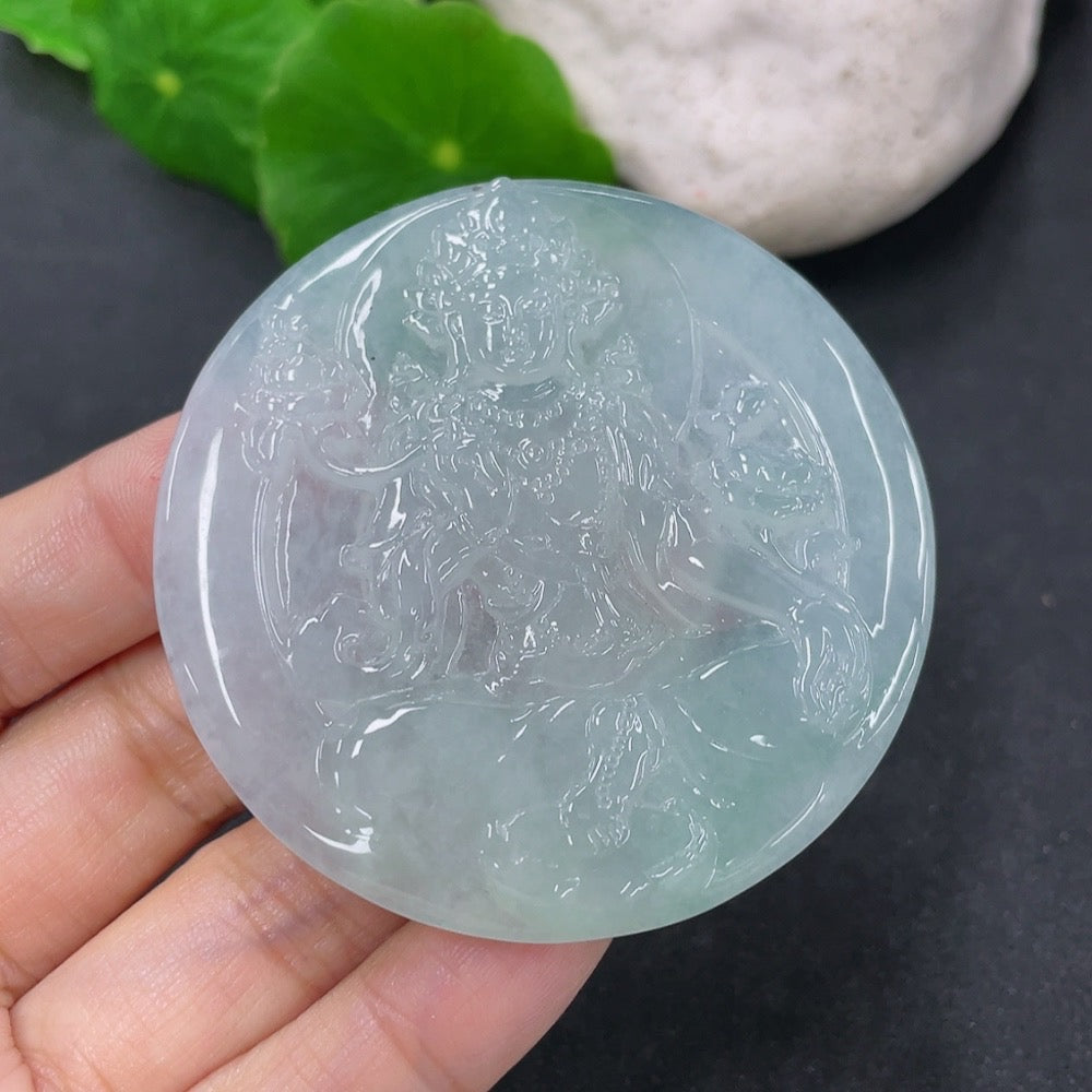 Green Jadeite Pendant featuring Green Tara design, weighing approximately 32.2g, crafted by HKHQ in high-quality jade.