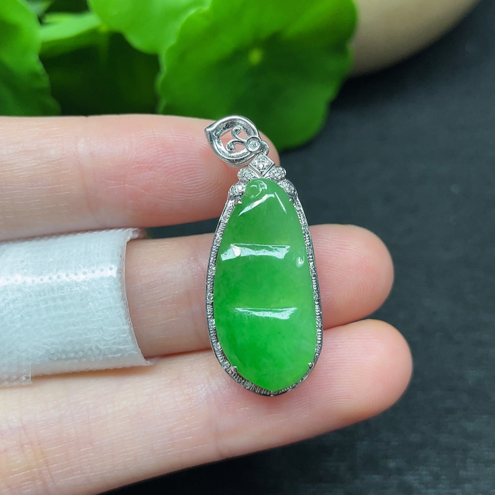 Jadeite Lucky Bean Pendant with 18K Gold and Diamond Accents