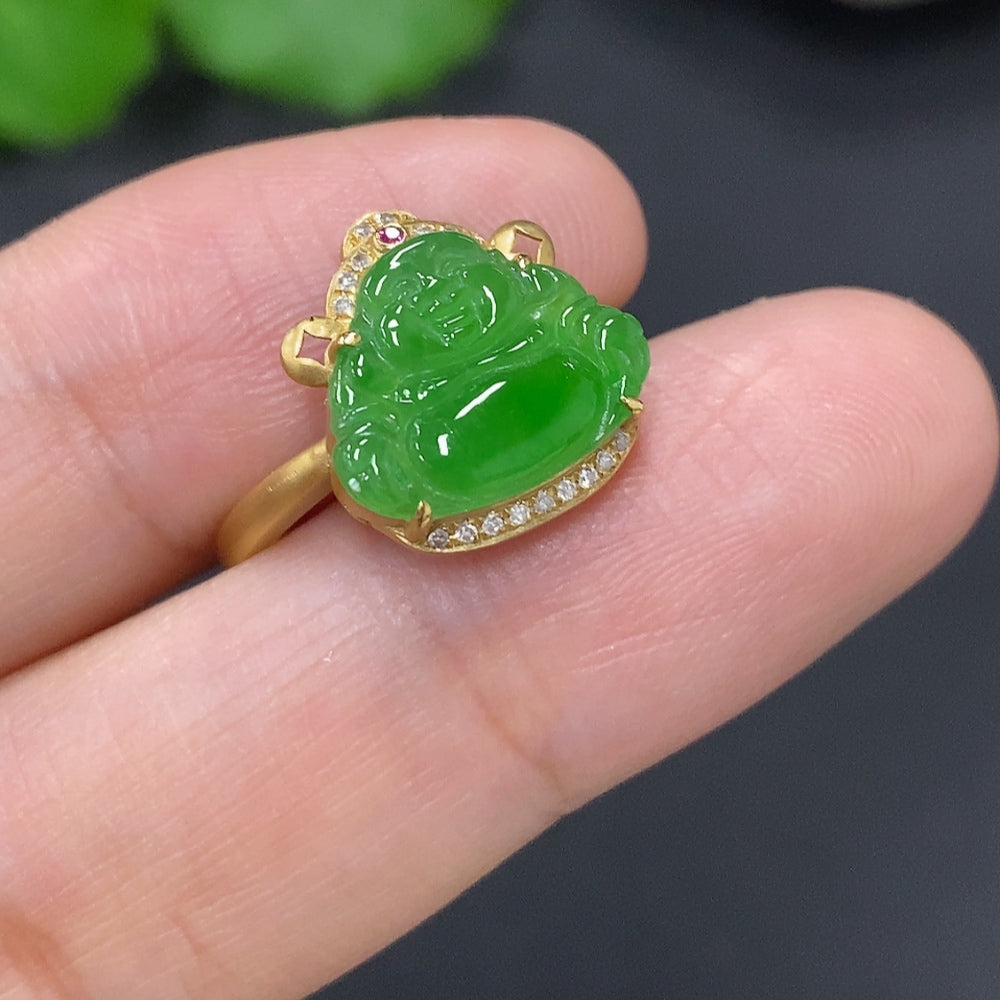 Jadeite Buddha Inlaid Ring 18K Gold Size 12 Total Weight Approx. 2.6g (Colorless Accent Stones Are Diamonds)