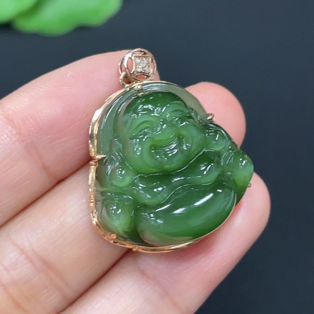 Hetian Jade Jasper Inlaid Buddha Pendant with 18K Gold Clasp, Main Body 70% Gold Content, Accented with Diamonds