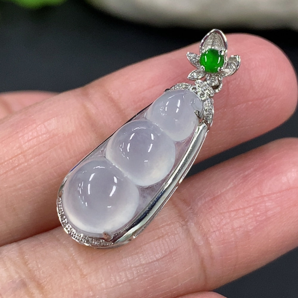 Jadeite Blessed Bean Pendant, 18K Gold Setting with Diamond Accents, Total Weight Approx. 2.34g
