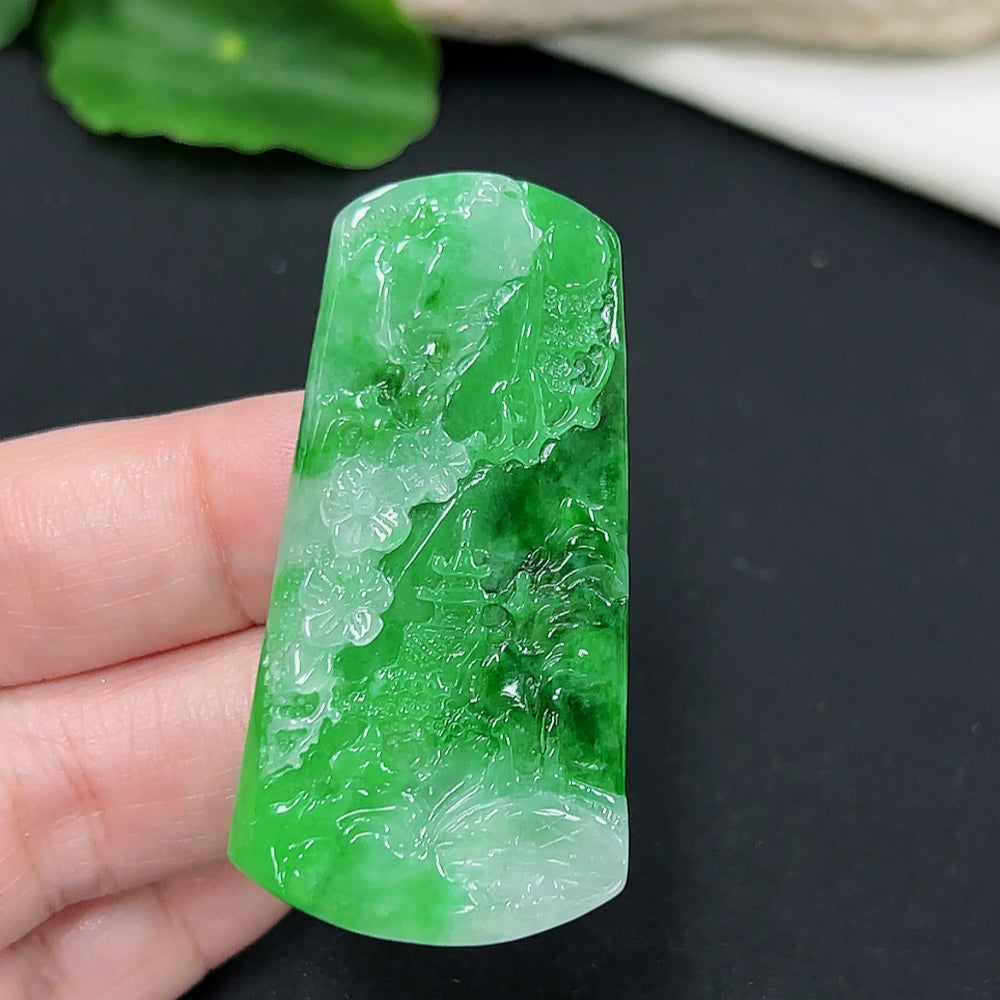 HKHQ Jadeite Landscape pendant necklace featuring a detailed jadeite and mineral composition, weighing approximately 15.19g.