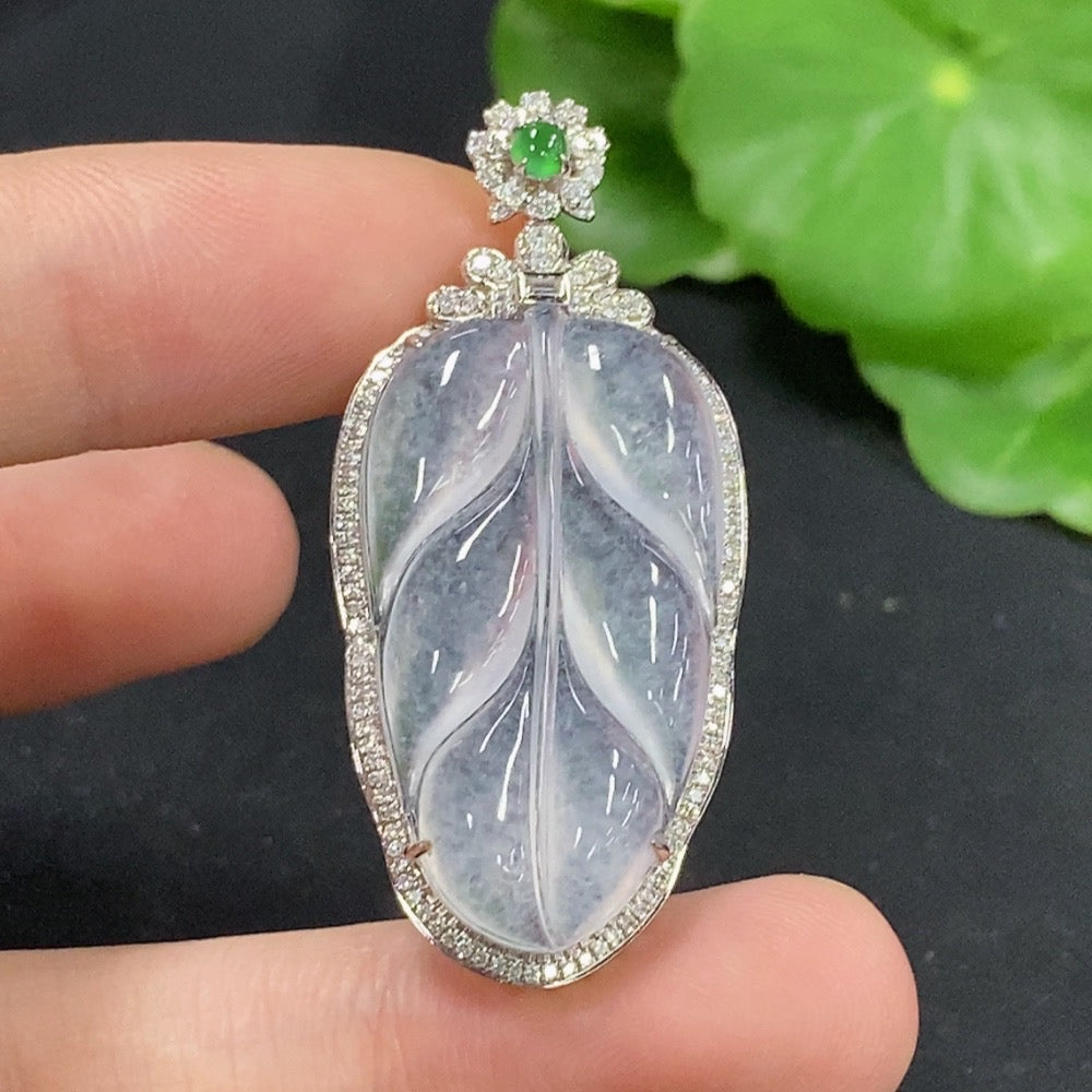 Jadeite Leaf Inlaid Pendant 18k with Diamond Side Stones