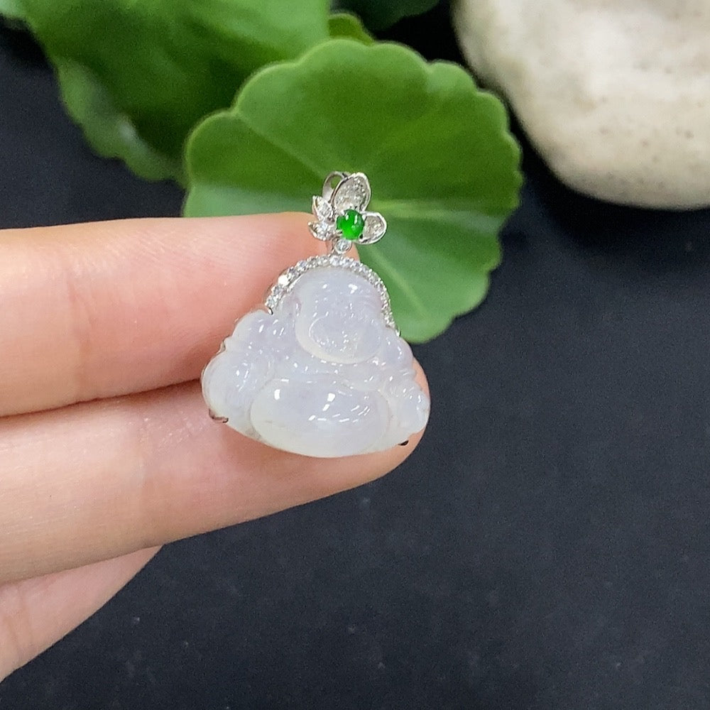 Jadeite Buddha Pendant Set in 18K Gold with Diamond Accents, Total Weight Approximately 3.08g