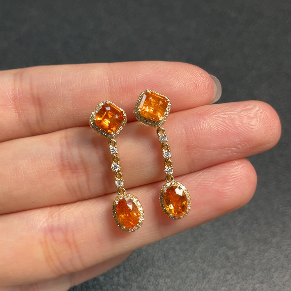 Garnet Earrings with 73% Gold Content and Diamond Accents, Total Weight Approximately 3.7g
