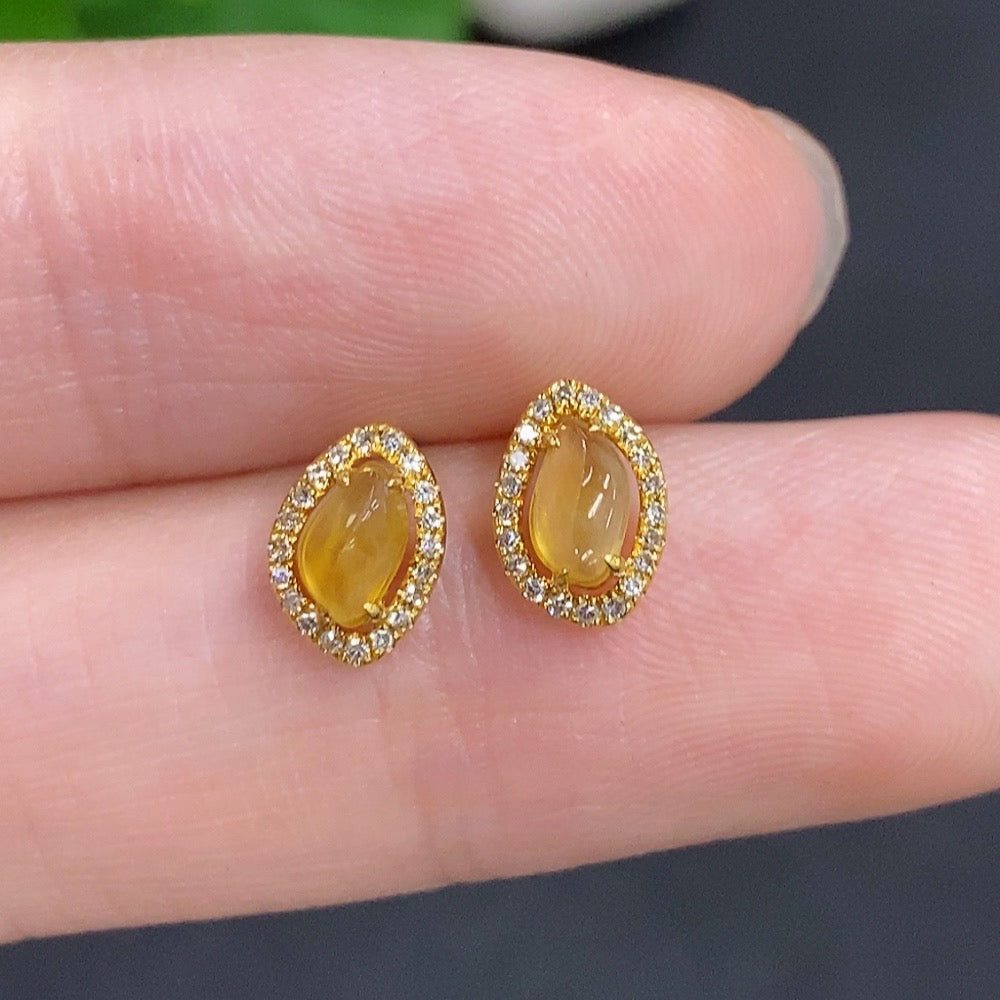 Jadeite Cabochon Stud Earrings 18k Gold Total Weight Approx. 1g Accented with Diamonds