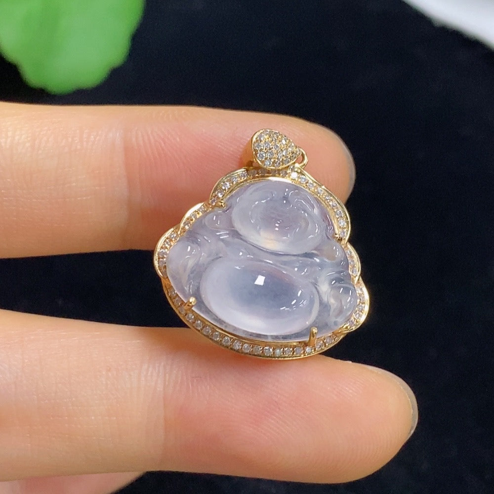 Jadeite Buddha Pendant with 18k Gold and Diamond Accents, Total Weight Approximately 3.87g