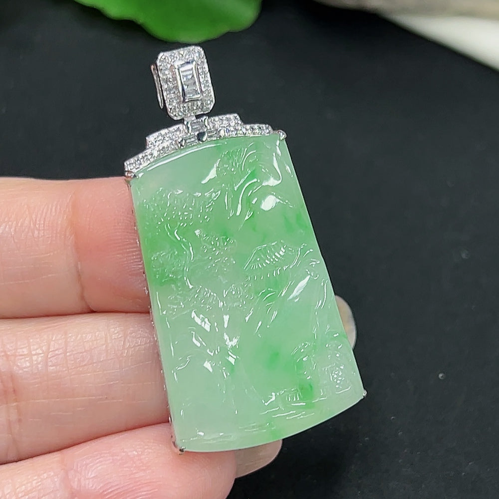 Jadeite landscape pendant by HKHQ with 18K gold and diamond accents, showcasing a detailed jade design with gold setting.