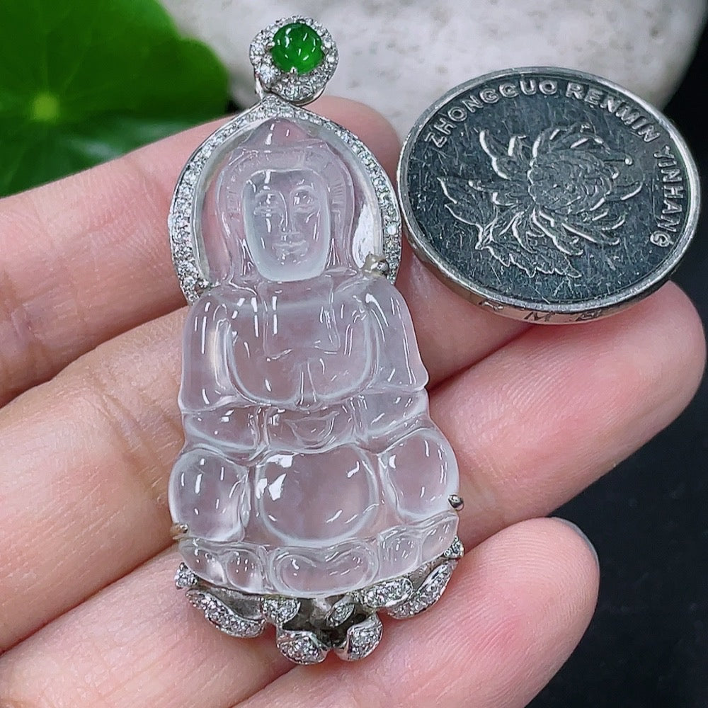 Jadeite Guanyin Inlaid Pendant, 18K Gold Setting with Diamond Accents