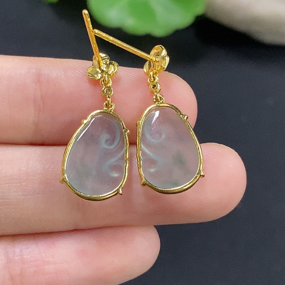 Jadeite Ruyi Inlaid Earrings 18k with Diamond Accents Total Weight Approx. 2.26g