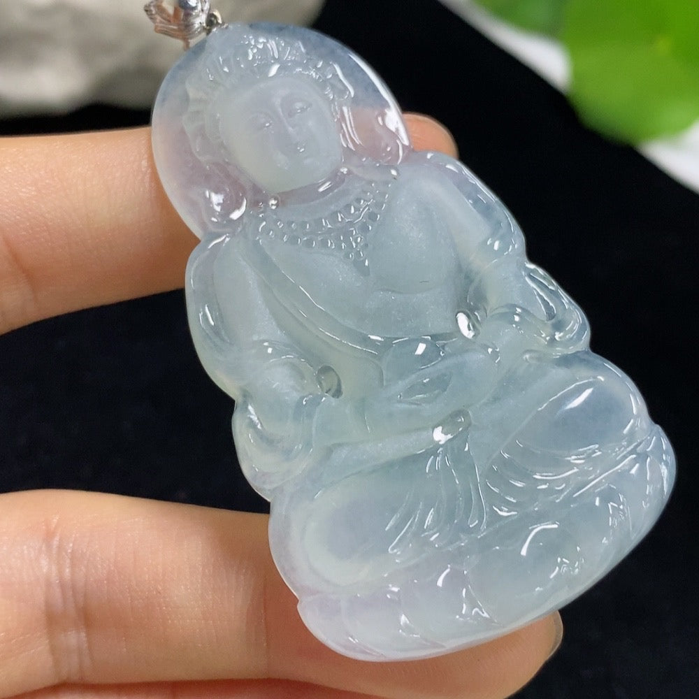 Damaged jadeite Tara pendant in HKHQ brand, 18k gold, weighing approximately 22.65g, showcasing detailed jade craftsmanship.