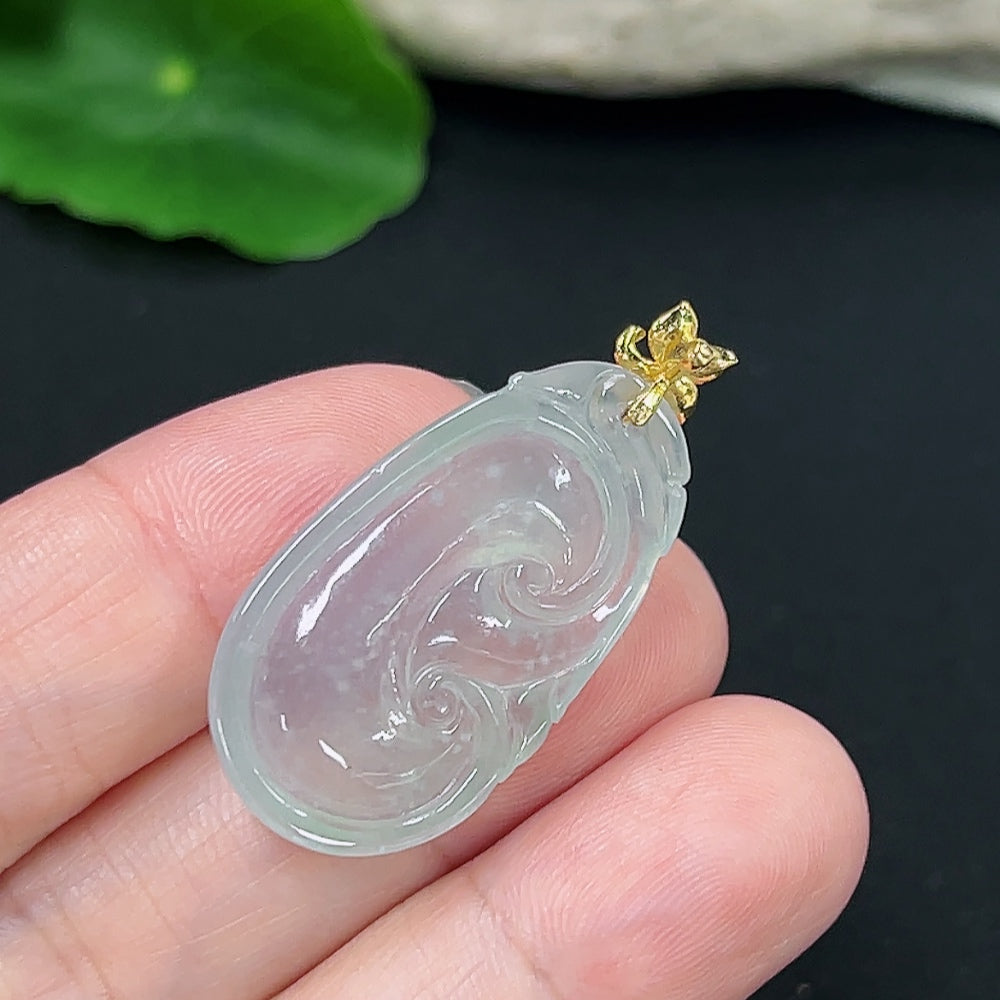 Jadeite Ruyi pendant necklace with 18K gold setting, HKHQ brand, featuring a smooth jadeite Ruyi charm on a gold chain.