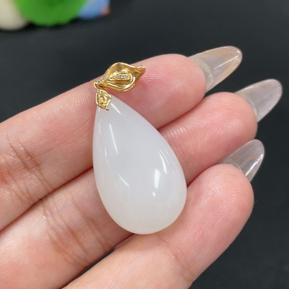 Hetian Jade Inlaid Pendant, Water Drop, Total Weight Approx. 7.4g, 18k Gold with Diamond Accents
