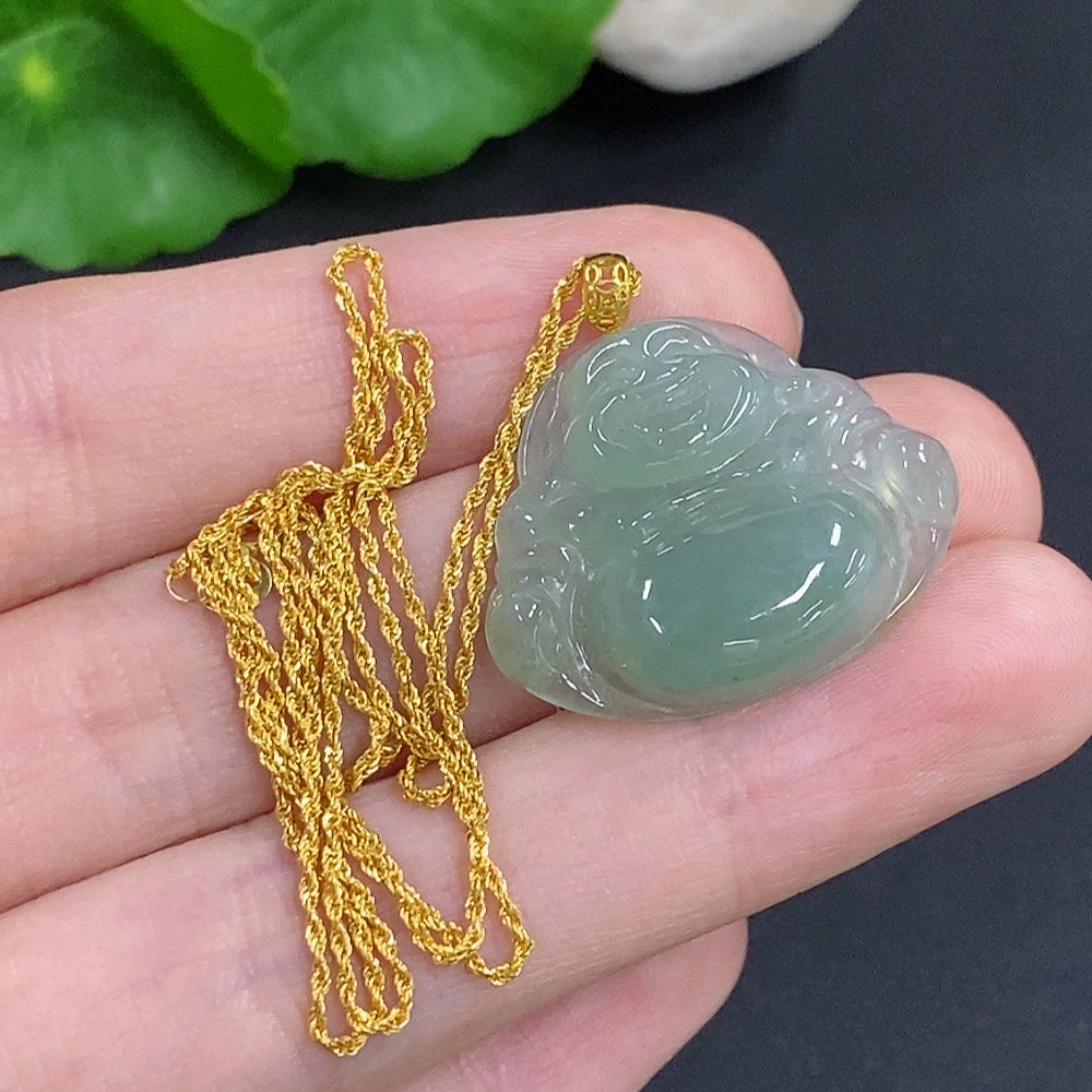 Jadeite Buddha Pendant with 18k Gold, Total Weight Approx. 5.2g (Including Chain)