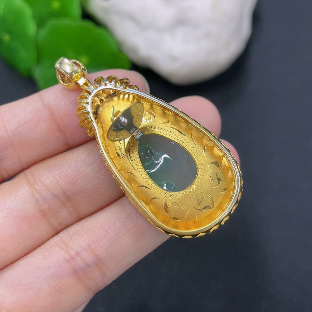 Jadeite Ruyi Inlaid Pendant 18K Gold Total Weight Approx. 10.9g (Colorless Accent Stones Are Diamonds)