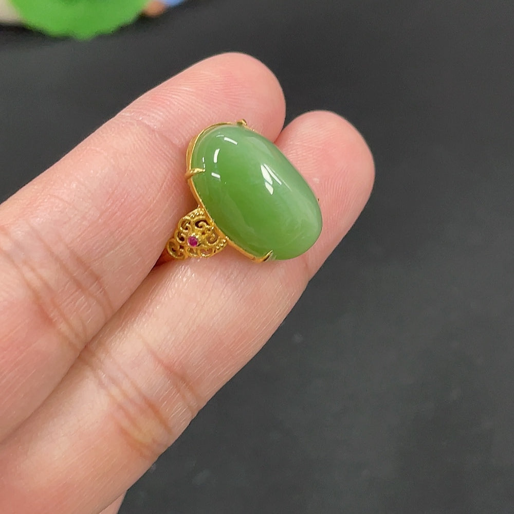 Hetian Jade Inlaid Ring Size 15 Total Weight Approx. 3.5g 18k Band Gold Content 70%