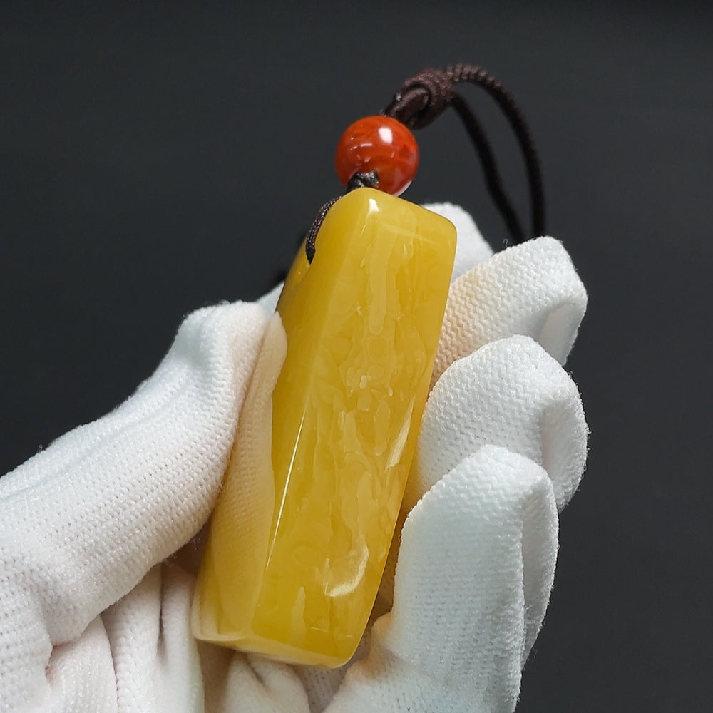 Amber beeswax pendant with southern red agate, visible organic matter, including rope