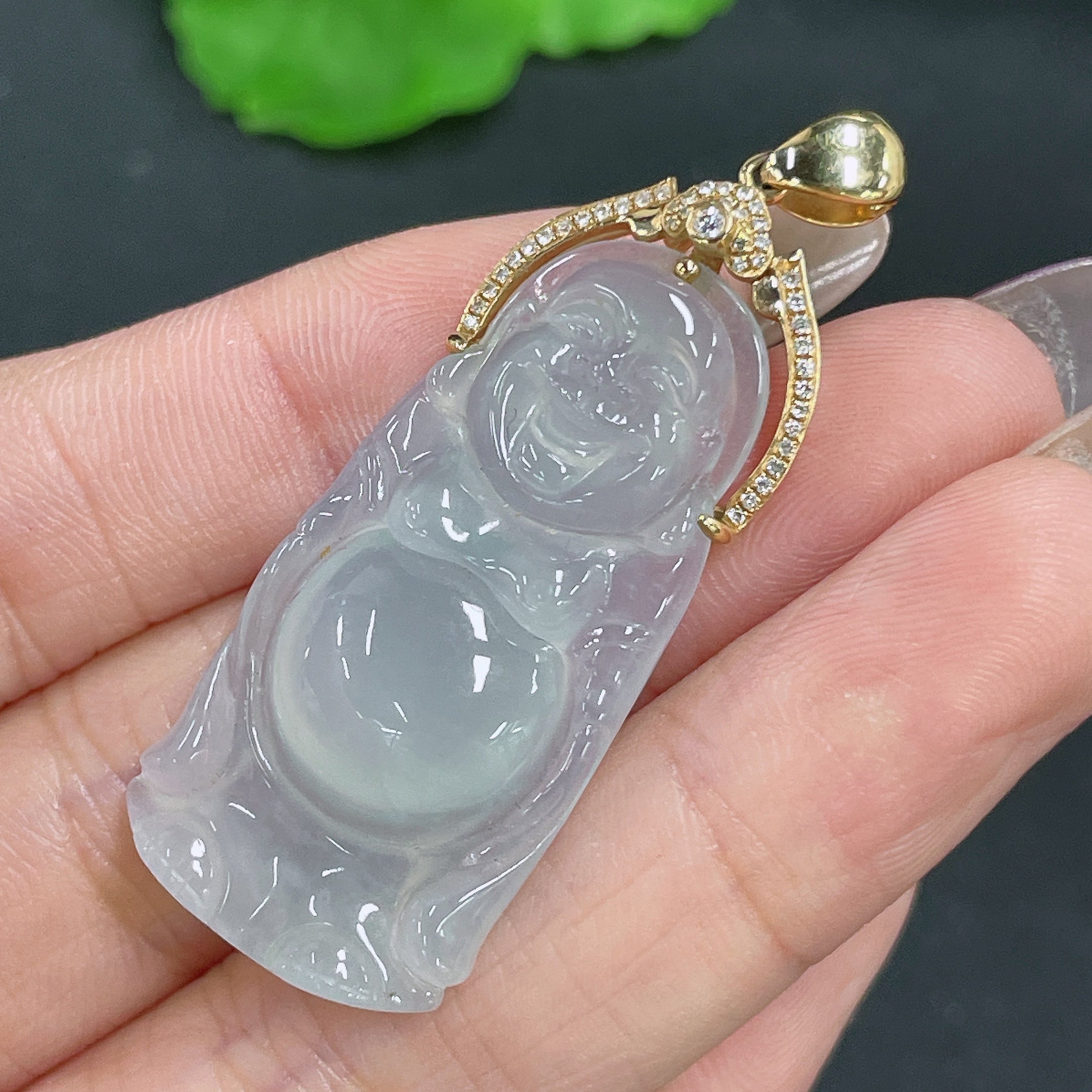 Jadeite Pendant Buddha 18K Gold Inlaid with Diamonds Total Weight Approx. 8.88g