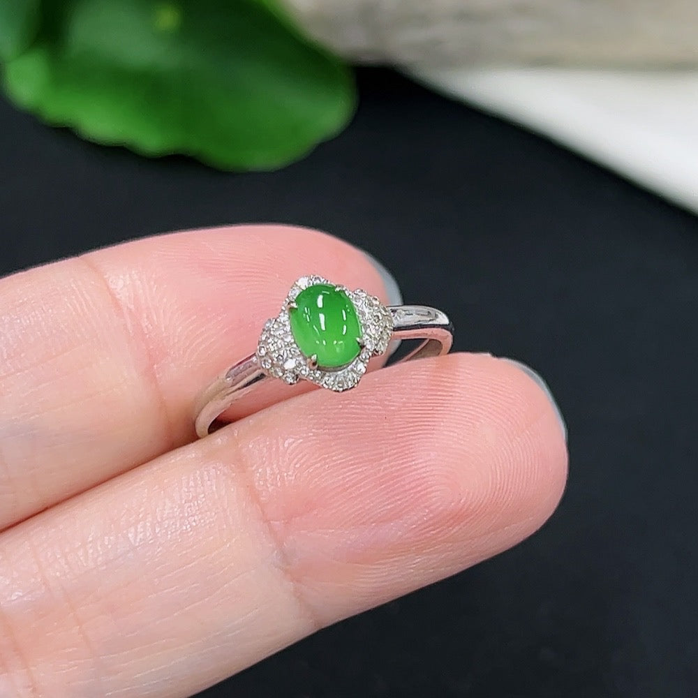 Jadeite and Diamond Ring in 18k Gold, Size 14, Total Weight Approx. 1.37g