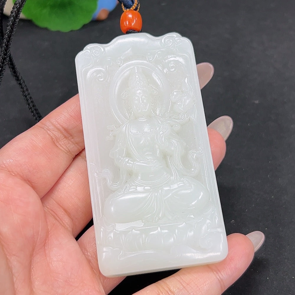 Hetian Jade pendant featuring Mahasthamaprapta Bodhisattva with Southern Red Agate, weighing approx. 88.7g, crafted by HKHQ.