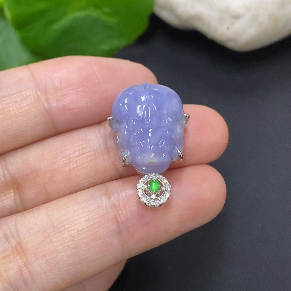 Jadeite Pi Xiu pendant with diamond inlays on 18K gold necklace, detailed close-up showing intricate craftsmanship and shiny surface.