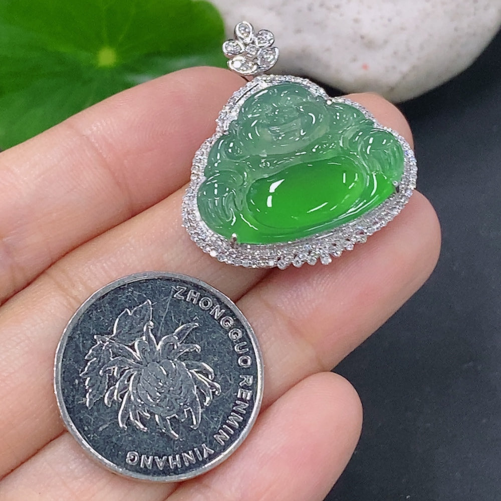 Jadeite Buddha Inlaid Pendant 18K Gold Total Weight Approx. 4.4g (With Diamond Accents)