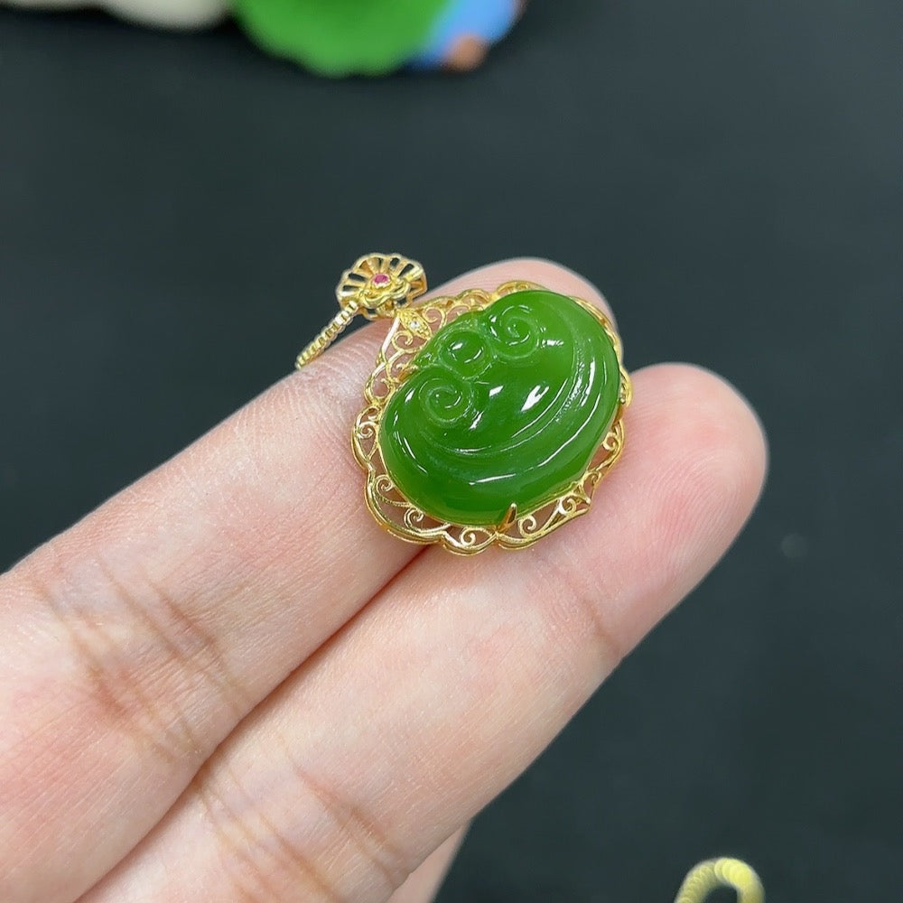HKHQ Hetian Jade Jasper Ruyi pendant necklace featuring an inlaid jade and jasper design with intricate detailing.