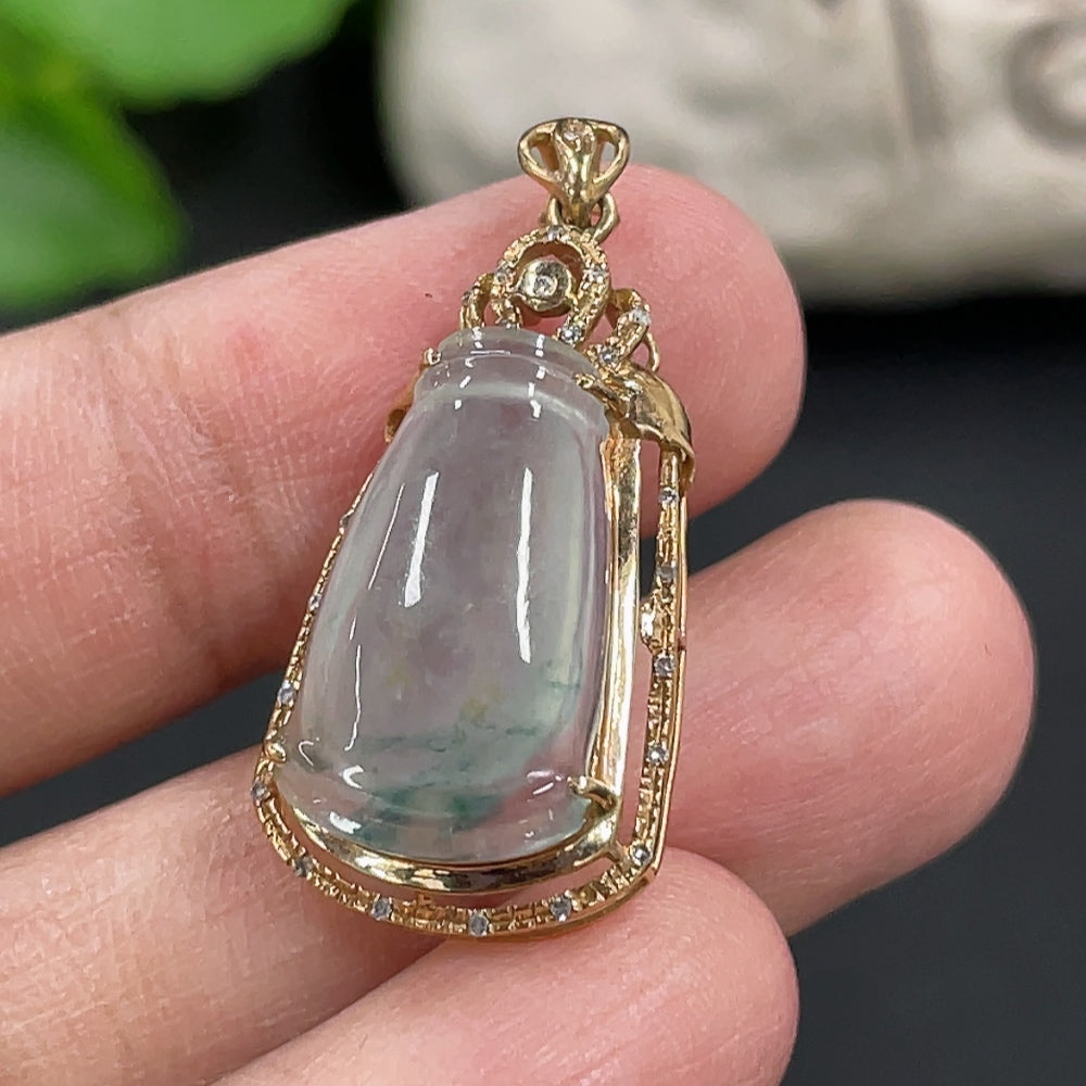 Jadeite bamboo inlay pendant with 18K gold and diamond accents, crafted by HKHQ, shown with intricate details and polished finish.