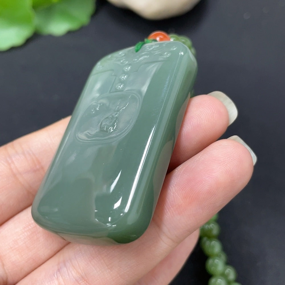 Hetian Jade Jasper Pendant Antique Plaque with Non-Hetian Jade Beads (Including Chain)