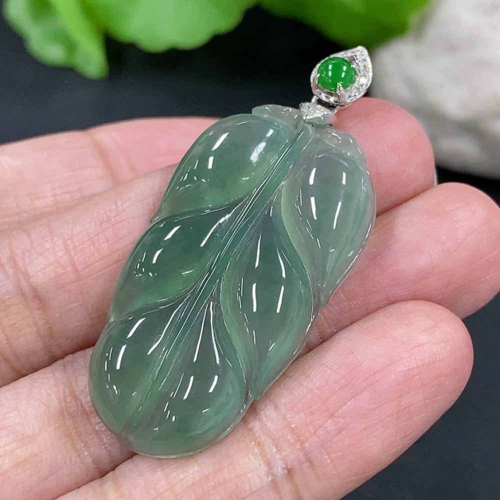 Jadeite Pendant Leaf with 18K Gold and Diamond Accents, Total Weight Approx. 8.2g