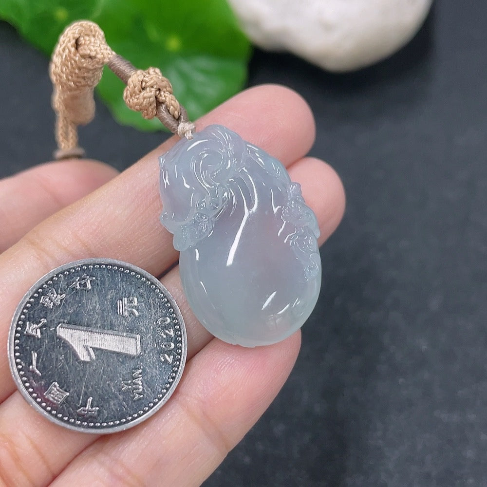 Jadeite pendant shaped like a money bag with cord, weighing approximately 9g, crafted by HKHQ with vibrant green jade color.