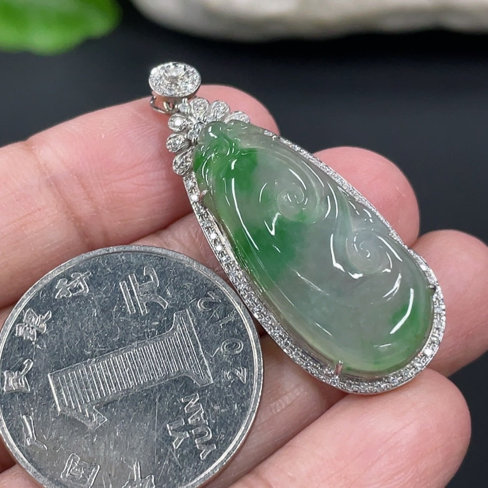 Jadeite Ruyi Inlaid Pendant 18K Gold (With Diamond Accents)
