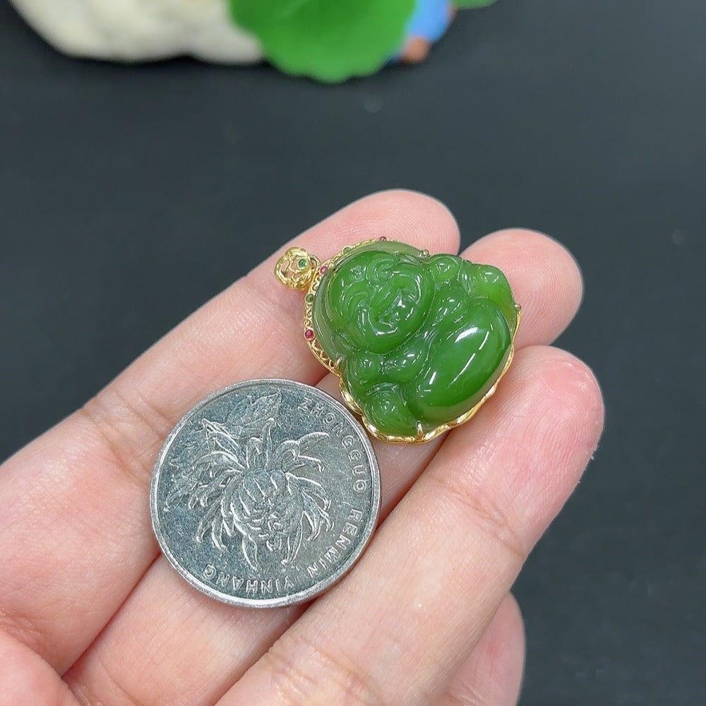 Hetian Jade Inlaid Pendant Buddha Total Weight Approx.6g 18k