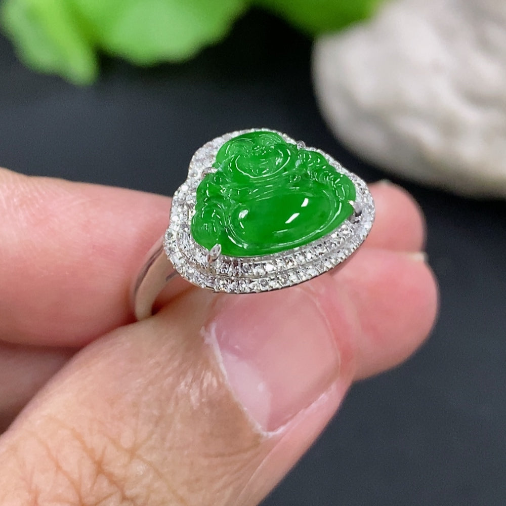 Jadeite Buddha inlaid ring by HKHQ featuring 18k gold and diamond accents, size 14, with a total weight of 2.3 grams.