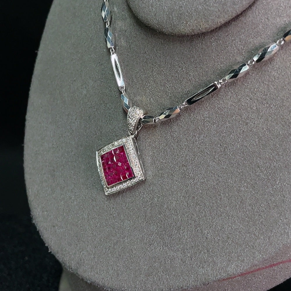 Ruby Inlaid Pendant 18k Gold Chain Pt93% Rope Undetectable Diamond Accents