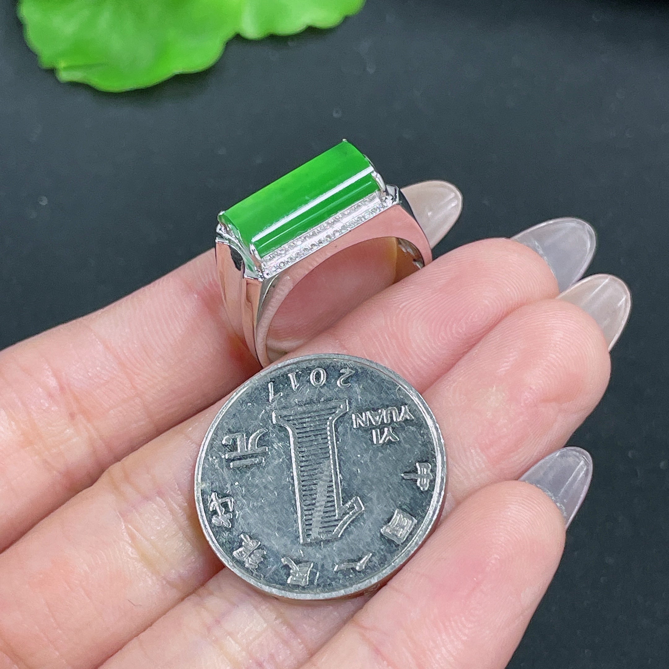 Jadeite Ring 18k Gold Setting with Diamond, Total Weight Approx. 7.8g, Size 19