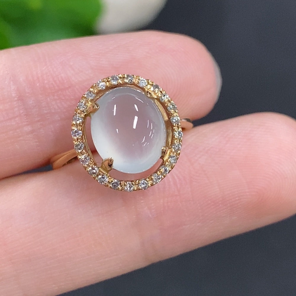 Jadeite Cabochon Ring 18k Gold Total Weight Approx. 2.8g Size 10 with Diamond Accents