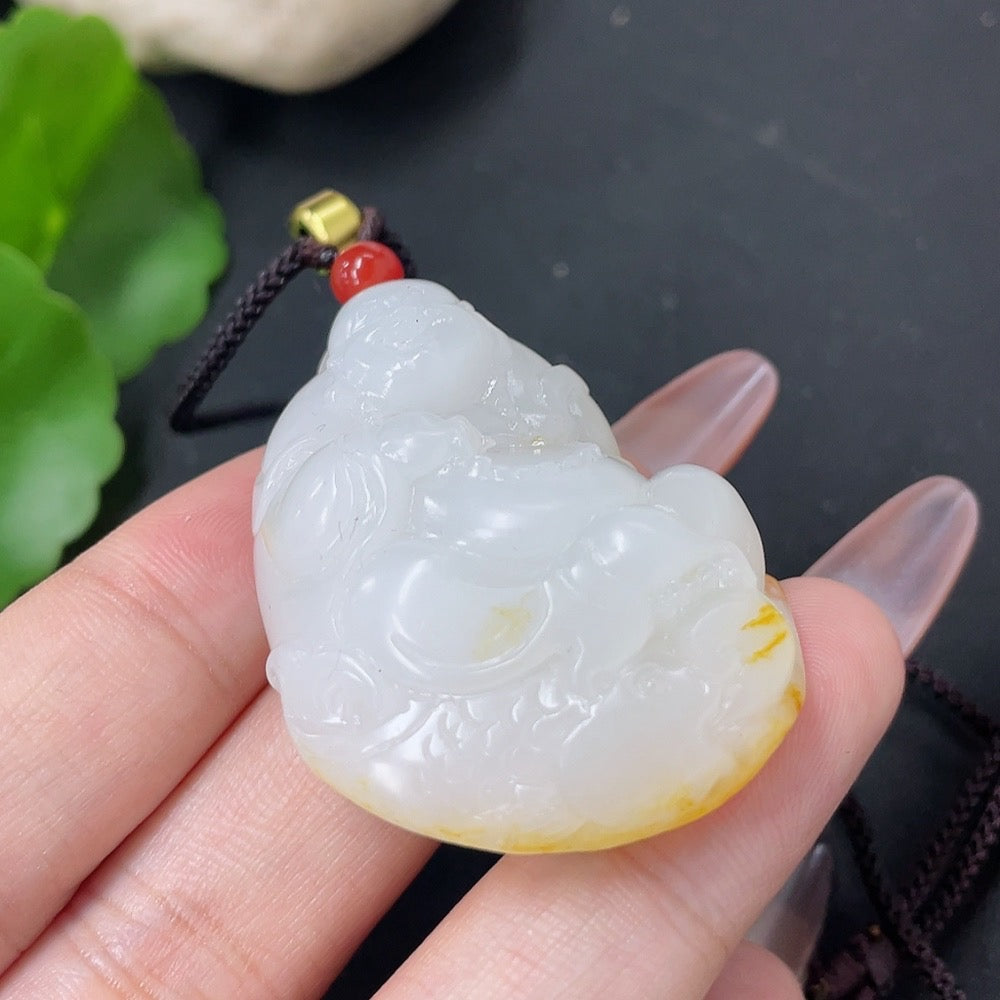 Hetian Jade Pendant - Buddha Statue, Undetermined Skin Color Origin, Contains Other Mineral Components, Beads Not Hetian Jade, Total Weight Approximately (Including Cord) 28.8g