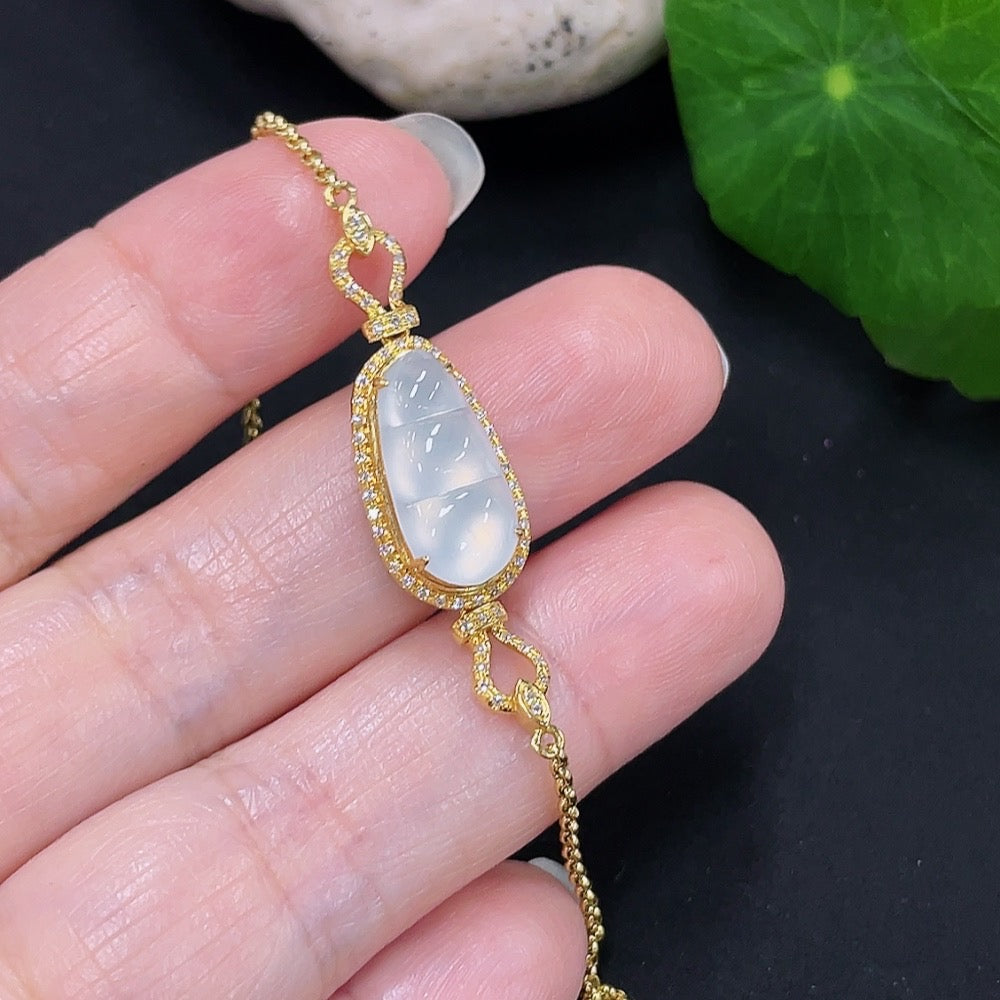 Jadeite Inlaid Bracelet 18K Gold Total Weight Approx. 3.2g (With Diamond Accents)
