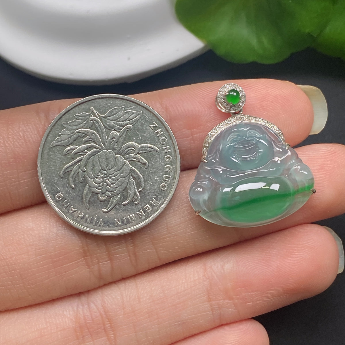 Jadeite Inlaid Pendant Buddha with Diamond Accents 18k Total Weight Approx. 2.85g