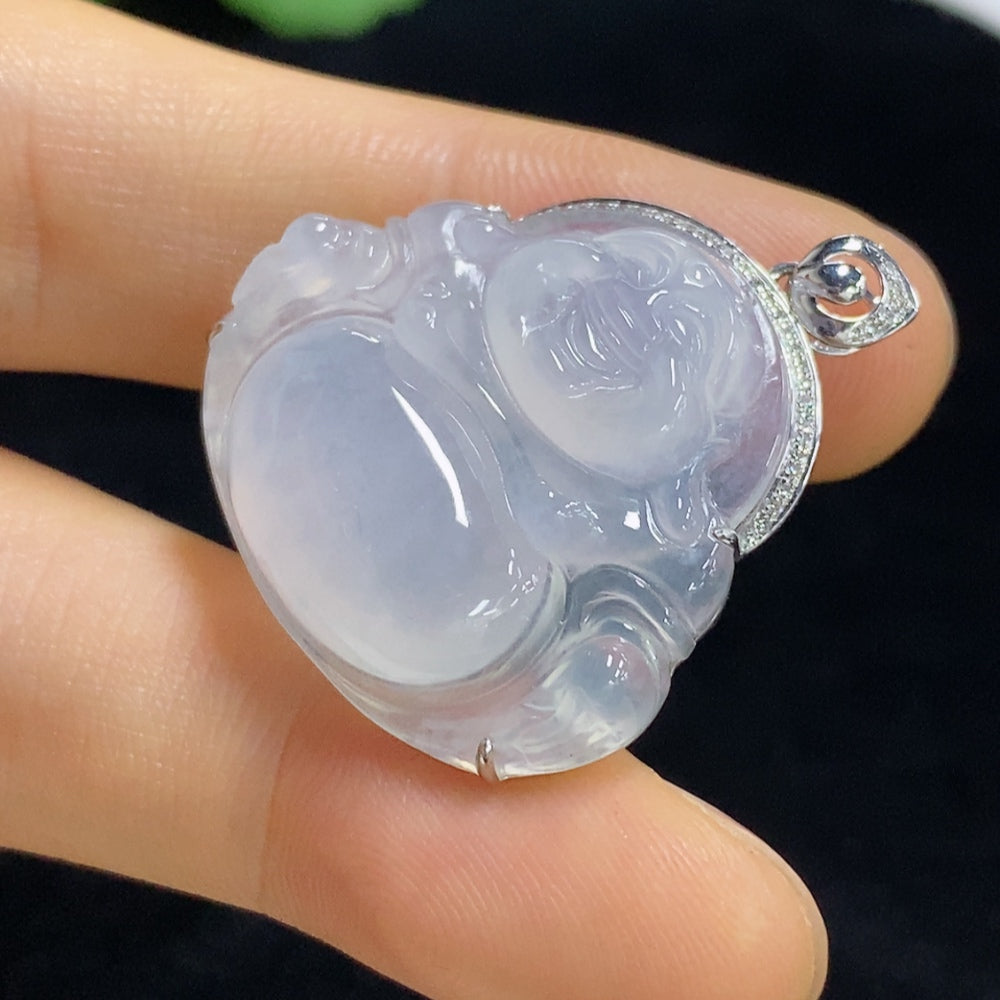 Jadeite Pendant Buddha with 18k Bezel and Diamond Accents, Total Weight Approx. 6.09g