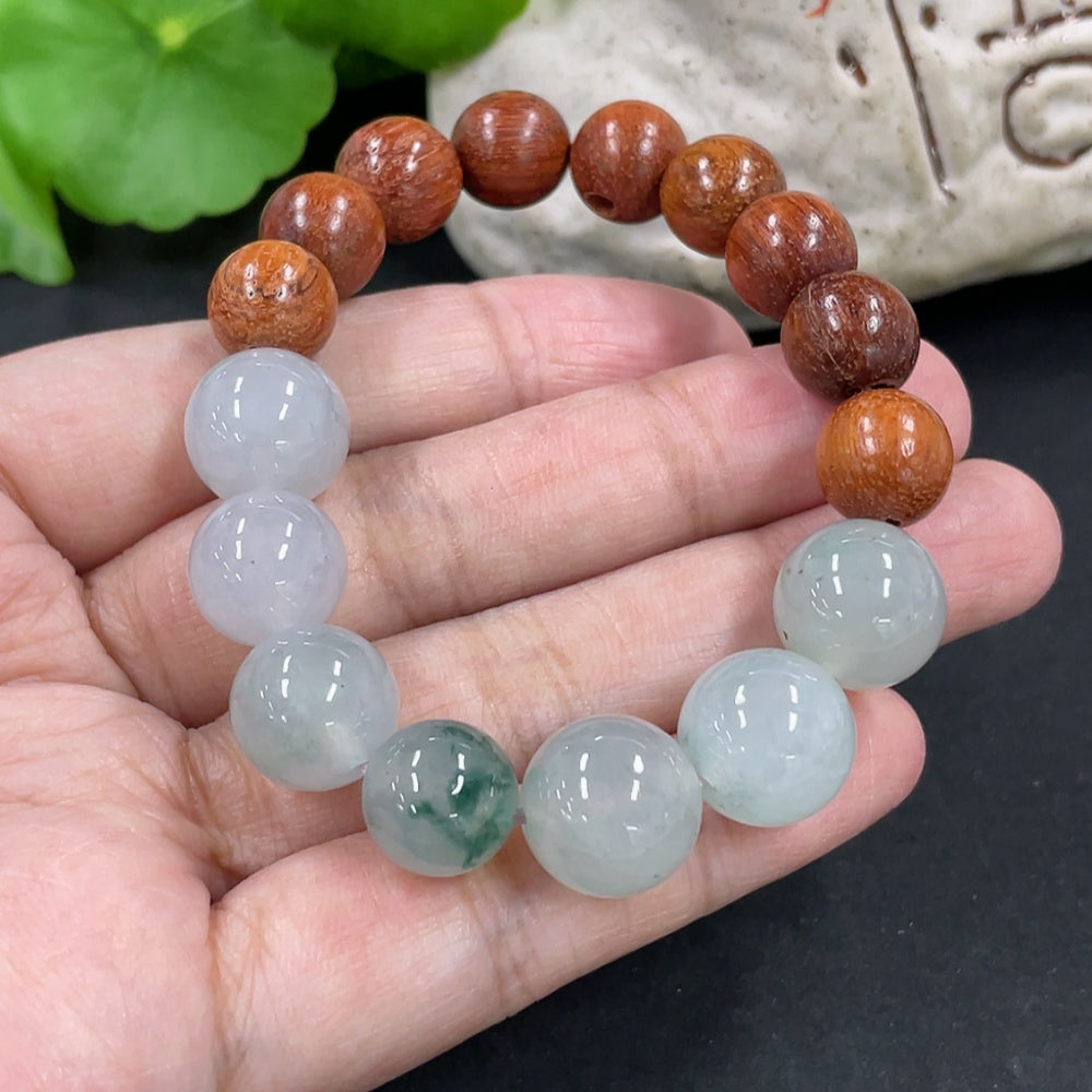 Jadeite and wood bead bracelet with 12.2mm beads, HKHQ brand, showing close-up of the natural jade and wooden beads.