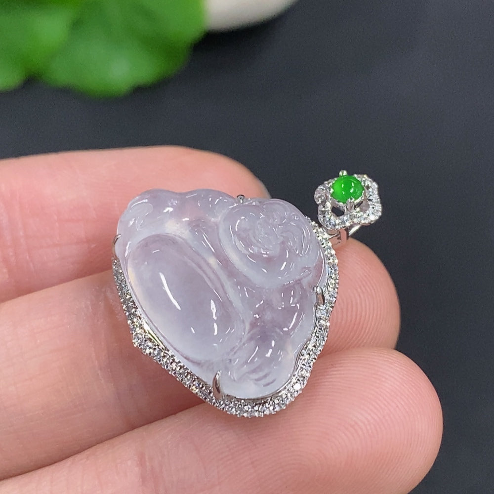 Jadeite Buddha Pendant Set in 18K Gold, Total Weight Approx. 3.7g (with Diamond Accents)