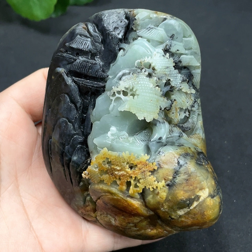 Hetian Jade Seed Material Handheld Piece - Landscape, Undetermined Skin Color Origin, Total Weight Approx. 432.2g