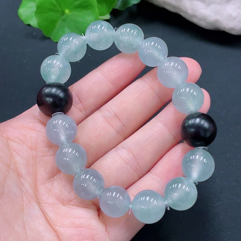 JadeiteBracelet, Approx. 12.8mm Beads, Total Weight ~54.37g, Black Beads with Wood [Total Value: $10,283 USD]